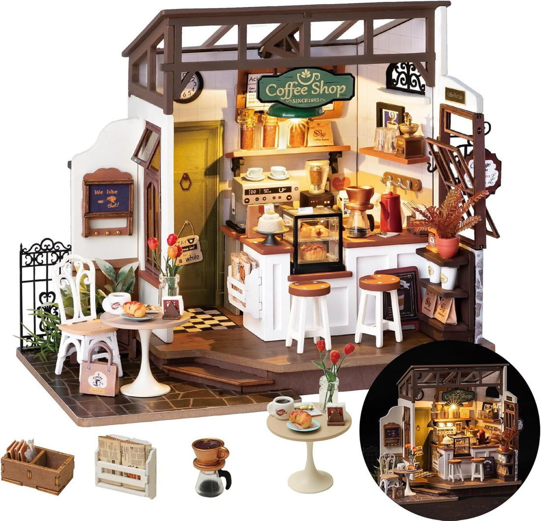 Rolife DIY Miniature Flavory Coffee Shop Kit - Tiny House for Adults to Build With Furniture - Halloween/Christmas Decorations/Gifts for Family and Friends (NO.17 Café)