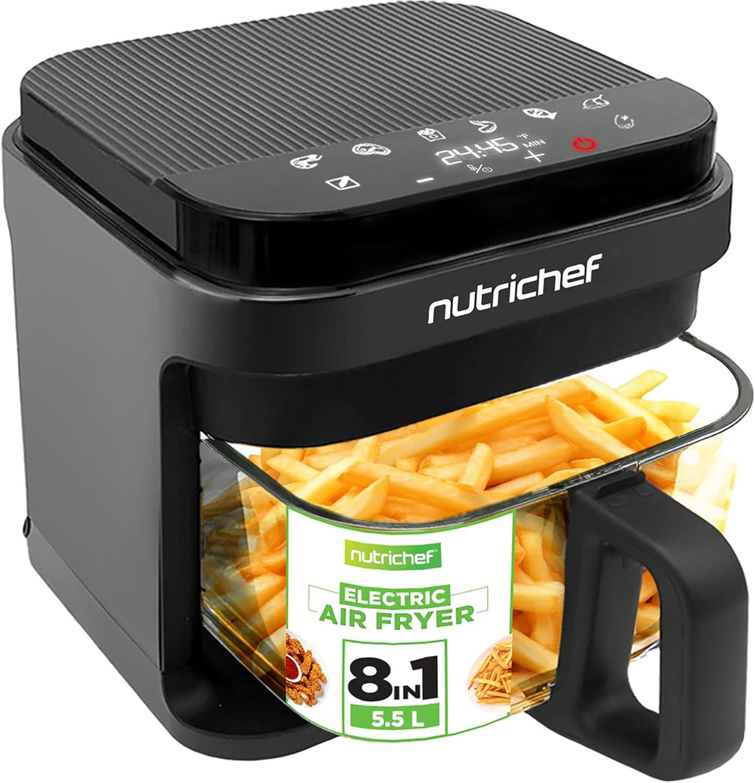 Nutrichef 5.8 Quart Air Fryer | 8-1 Preset Cook Modes | Transparent Fry Bowl for Best Cooking Results | Cook Shrimp, Steak, Fries, Wings, Chicken & More | Precise Temperature Control & Time | Grey