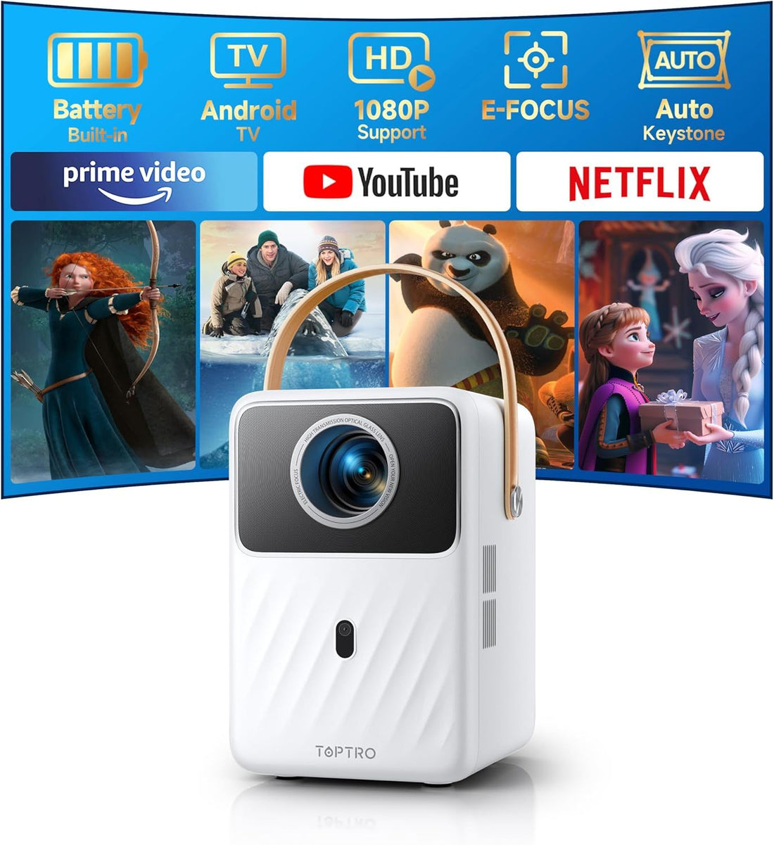 [Built-in Battery & Apps] Mini Projector with WiFi and Bluetooth, Battery Powered Projector 1080P, TOPTRO Smart Portable Projector, Auto Focus Keystone, Outdoor Movie Projector for Phone/TV Stick