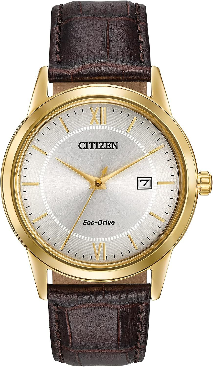 Citizen Mens Corso Eco-Drive Watch 40mm Gold-Tone Stainless Steel Case Brown Leather Strap with Silver-Tone Dial (AW1232-04A)