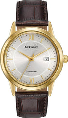 Citizen Mens Corso Eco-Drive Watch 40mm Gold-Tone Stainless Steel Case Brown Leather Strap with Silver-Tone Dial (AW1232-04A)