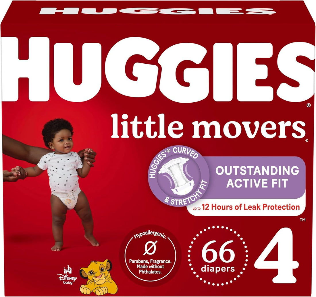 Huggies Size 4 Diapers, Little Movers Baby Diapers, Size 4 (22-37 lbs), 66 Count | Curved and Stretchy Fit for Baby Comfort, Unique Waistband Prevents Leaks, Made Without Parabens or Latex
