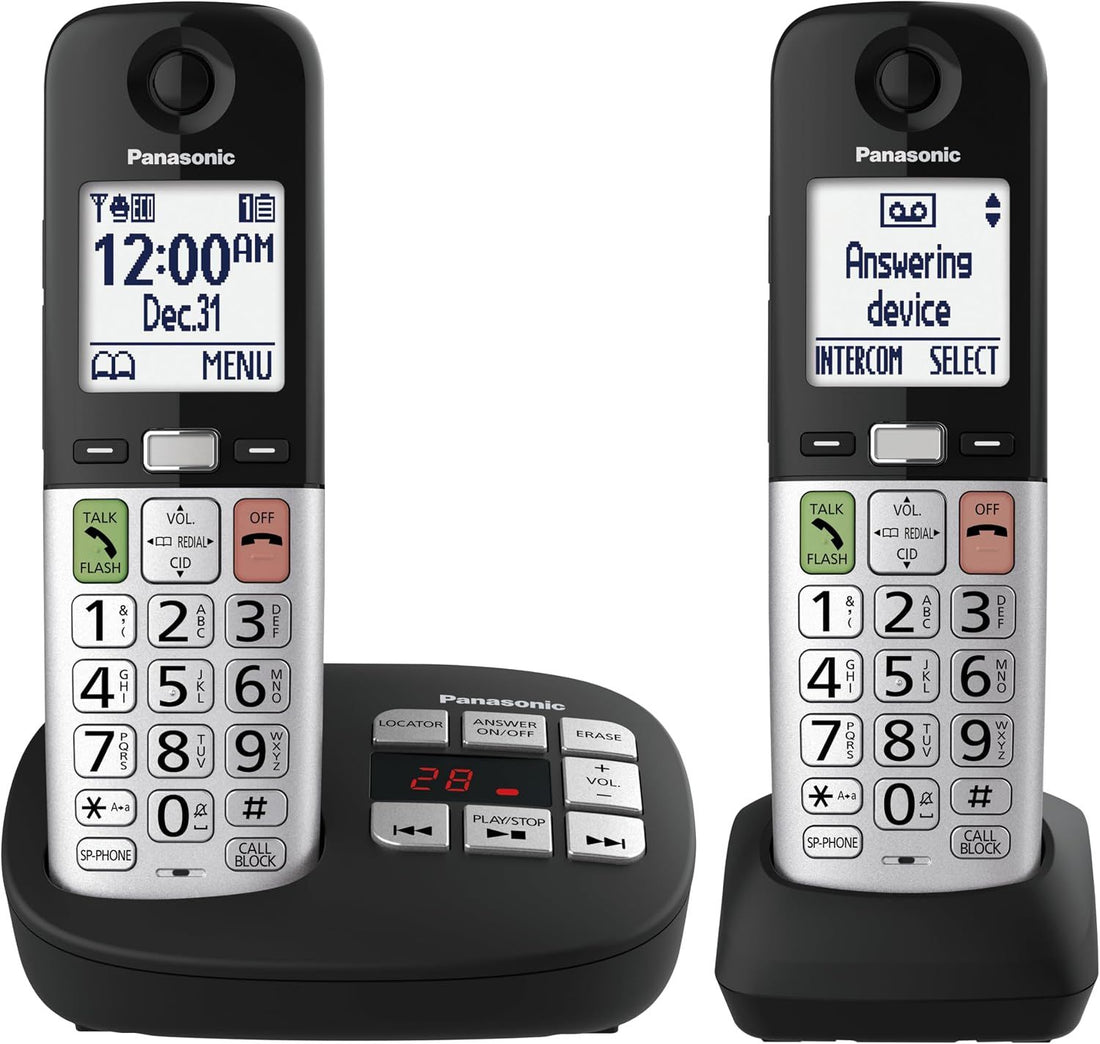 Panasonic Cordless Phone, Large Display and Big Buttons, Flashing Favourites Key, Built in Flashlight, Call Block, Volume Boost, Talking Caller ID, 2 Cordless Handsets - KX-TGU432CB (Black/Silver)