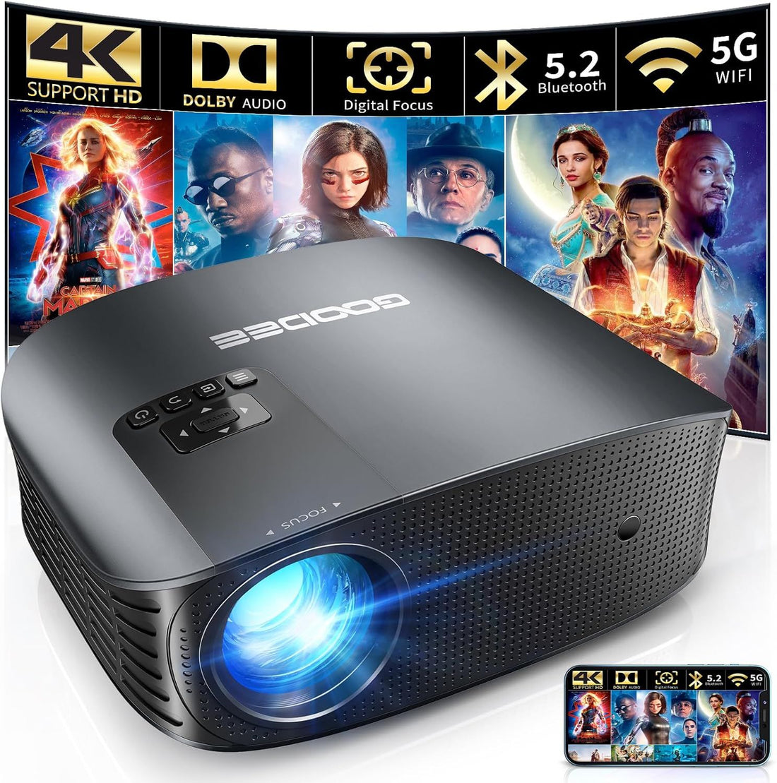 GooDee Projector 4K with WiFi and Bluetooth Supported, FHD 1080P Mini Portable Projector for Outdoor Moives, 5G Video Projector for Home Theater Dolby Audio Zoom TV Stick PPT (YG600 Plus)