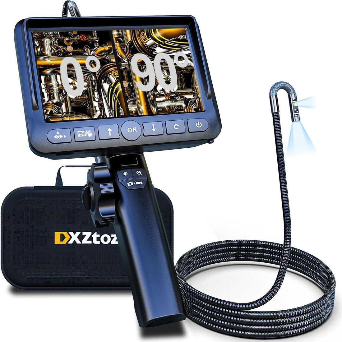DXZtoz Dual-Lens Articulating Borescope Endoscope With 0.33in Two-Way Articulated Snake Camera, 5\'\' Dual Screen, 1080P Inspection With Light for Automotive Home Mechanics-5FT