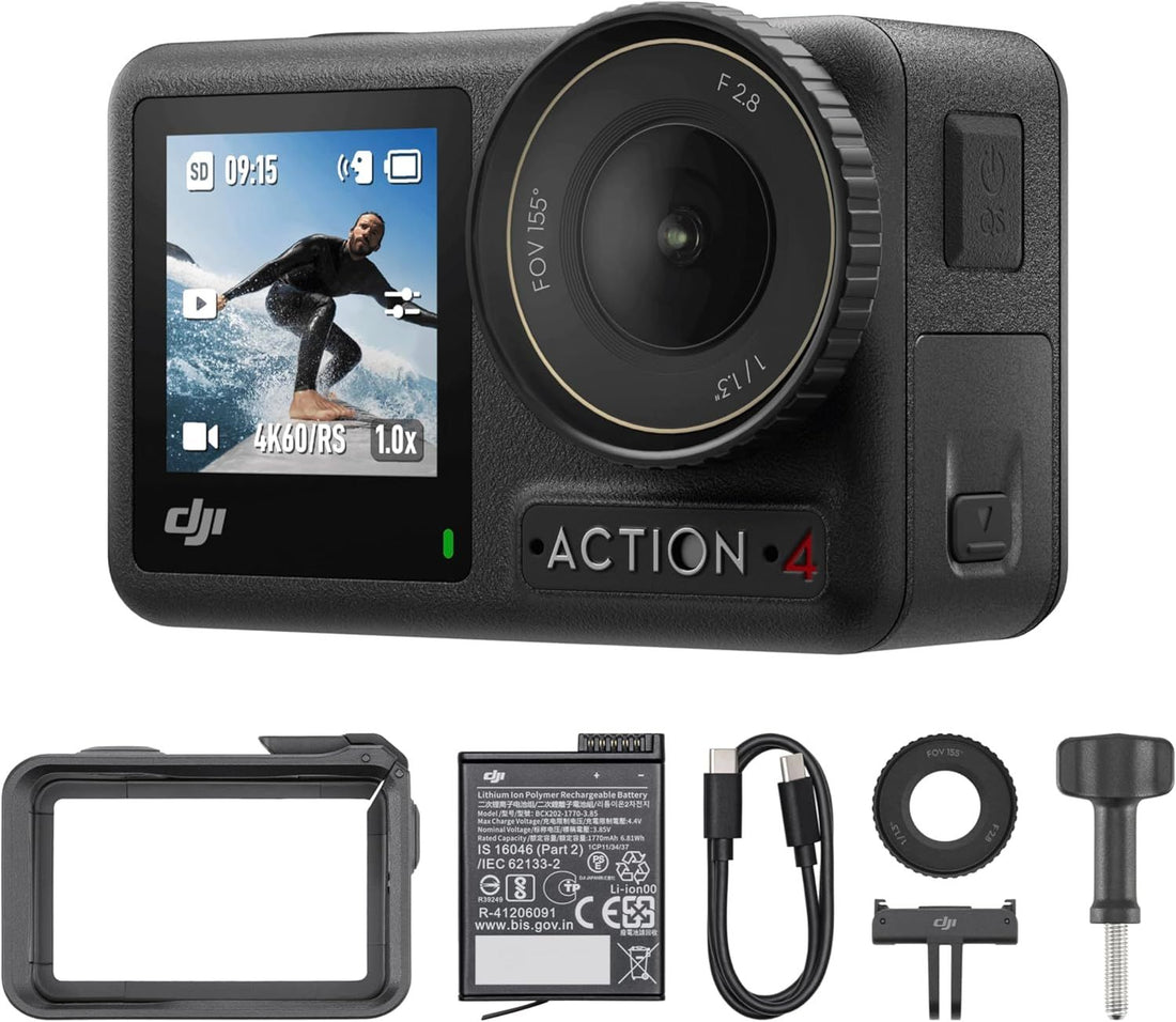 DJI Osmo Action 4 Essential Combo, 4K/120fps Action Camera | 1/1.3-Inch Sensor, Stunning Low-Light Imaging, 10-bit & D-Log M Color Performance, a Long-Lasting 1770 mAh Battery