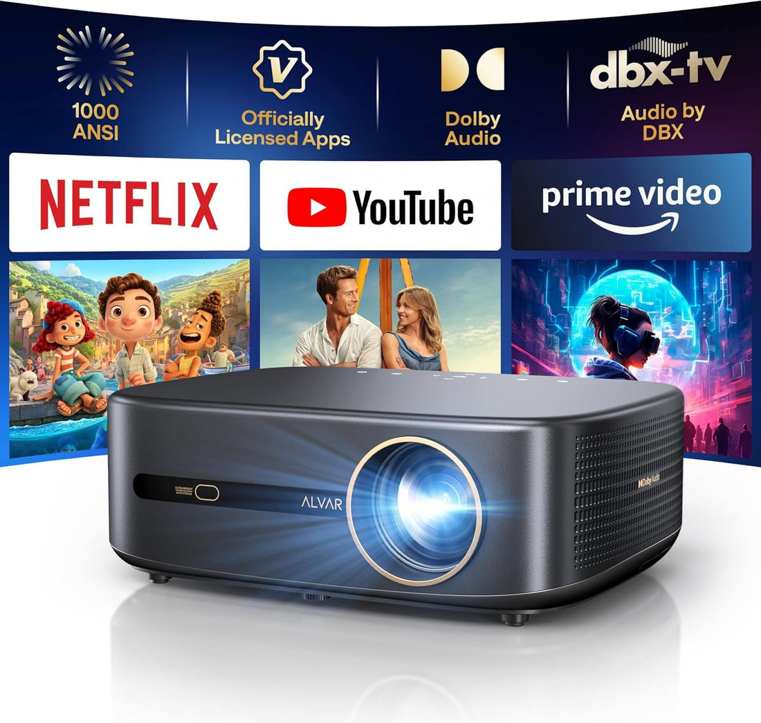[1000 ANSI & Audio by DBX-TV] Alvar 4K Projector with WiFi 6 and Bluetooth, 30W Speakers, Netflix Licensed & DoIby Audio Outdoor Proyector, Auto Focus Native 1080P Smart Projector with HDR10, Black