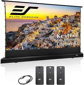 Elite Screens Kestrel Tab-Tension Pro CineGrey 4D, 150 Diag. 16:9, Standard Throw Ceiling Ambient Light Rejecting (CLR/ALR) Tab-Tensioned Electric Floor-Rising Projector Screen, FTE150H3-C4D