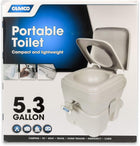 Camco 5.3-Gallon Portable Travel Toilet - Features Detachable Holding Tank w/Sealing Slide Valve & Bellow-Type Flush - Easy Transport w/Compact Lightweight Design & Carry Handle - Gray (41541)
