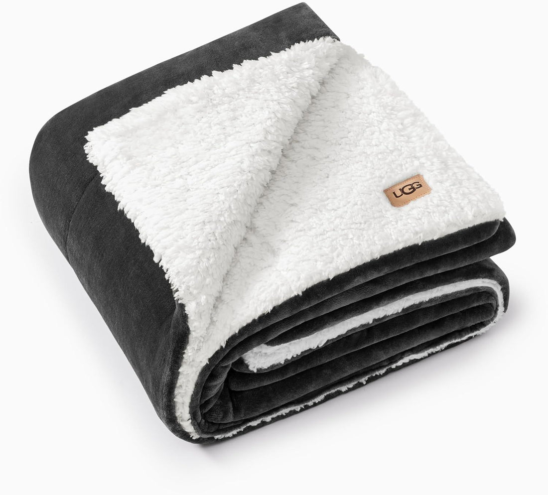 UGG Nita Throw Blanket for Bed, Soft Reversible Plush Throw for Couch and Living Room, Cozy Fluffy Blanket, Washable Bedding, Home Decor, 127 x 177-cm, Charcoal Grey
