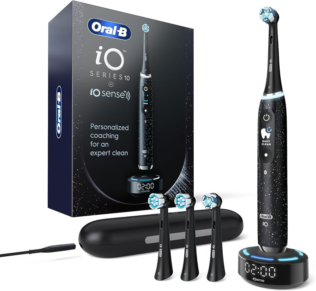 Oral-B Power iO Series 10 Electric Toothbrush, Cosmic Black, iO10 Rechargeable Power Toothbrush with iO Sense Charger, 4 Brush Heads, and Charging Travel Case