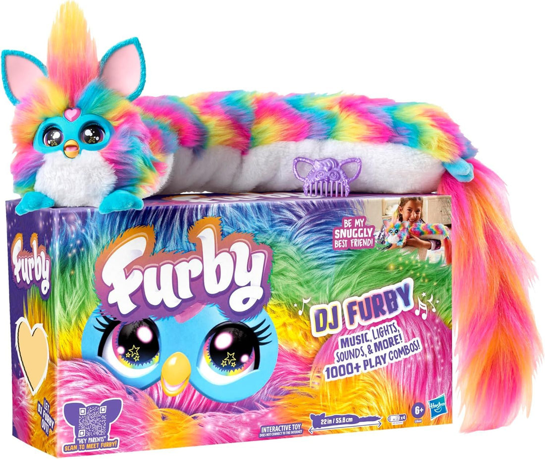 Furby DJ Furby Interactive Toy, Super Snuggly Rainbow Electronic Plush with Music, Lights, Motion, and Games, 32 in/81 cm Long, Ages 6+ (French Version)