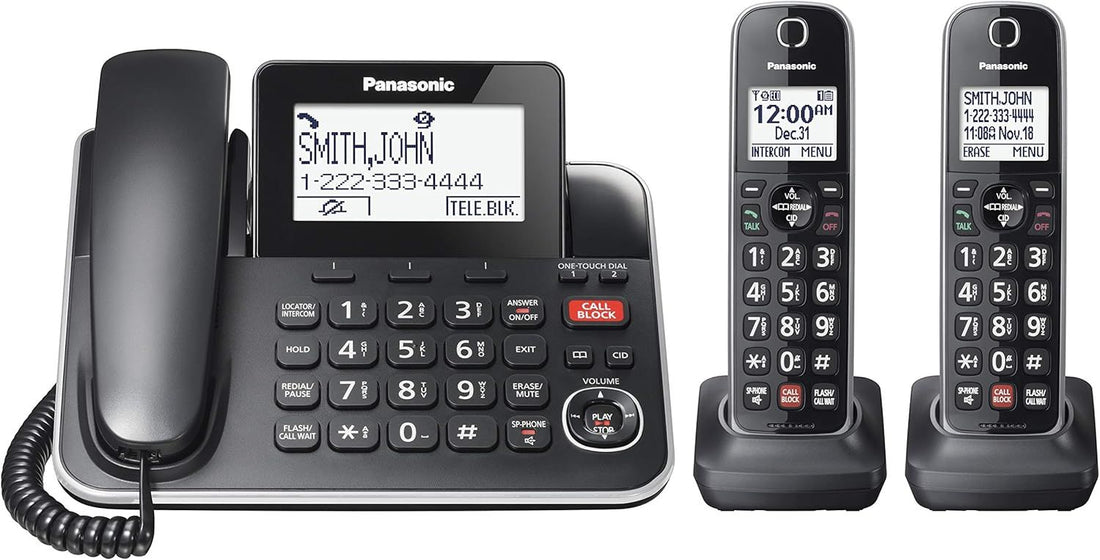 Panasonic DECT 6.0 2-in-1 Corded/Cordless Phone with Answering Machine, Advanced Call Block (1,000 numbers), and Talking Caller ID - 2 Cordless Handset - KX-TGF872CB (Black)