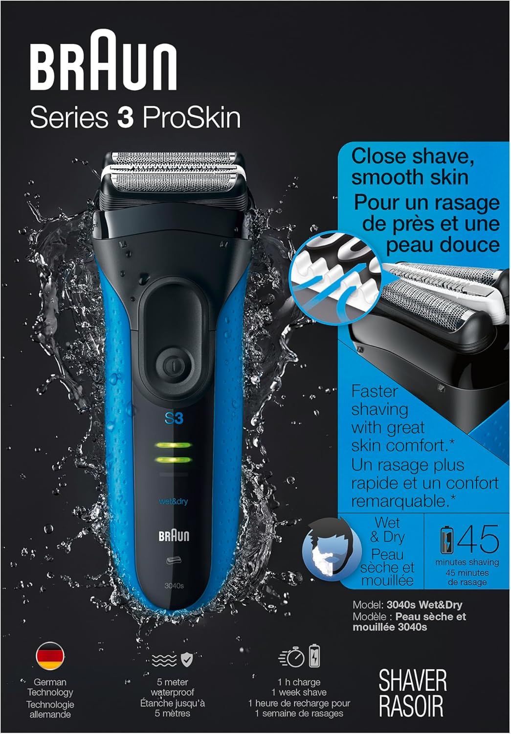 Braun Series 3 ProSkin 3040s Rechargeable Wet & Dry Men\'s Electric Shaver with Precision Trimmer