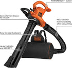 BLACK+DECKER Leaf Blower Vacuum Back Pack and Mulcher, Power Boost up to 250 MPH, 400 CFM, Corded (BEBL7000-CA)