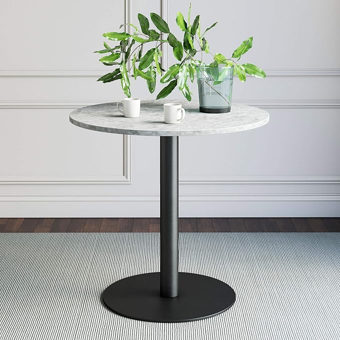 Nathan James 42001 Lucy Small Mid-Century Modern Kitchen or Dining Table with Faux White Carrara Marble Table Top and Brushed Metal Pedestal Base, White/Black