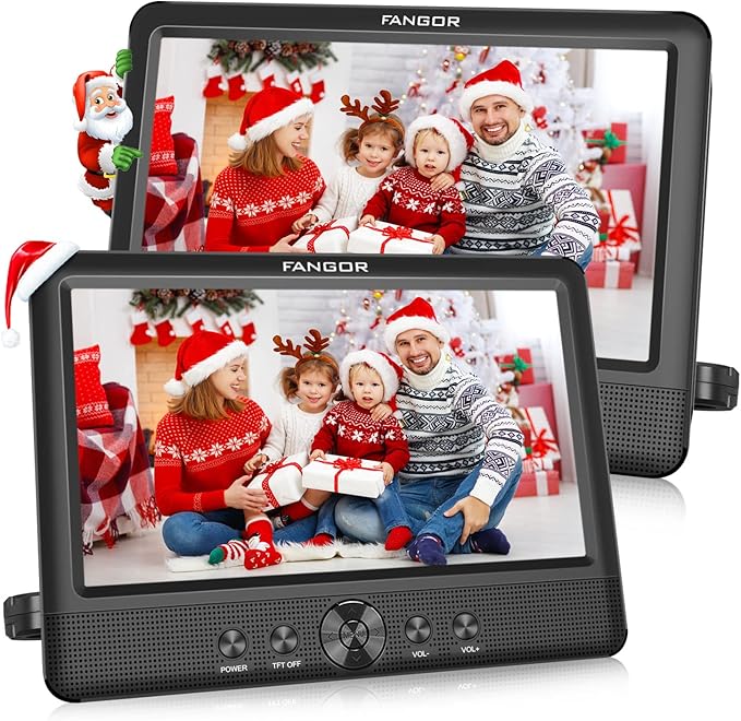 FANGOR 10.5 Dual DVD Player for Car Portable Headrest Video Players with 2 Mounting Brackets, 5 Hours Rechargeable Battery, Last Memory, USB/SD Card Reader, AV Out&in ( 1 Player + 1 Screen )