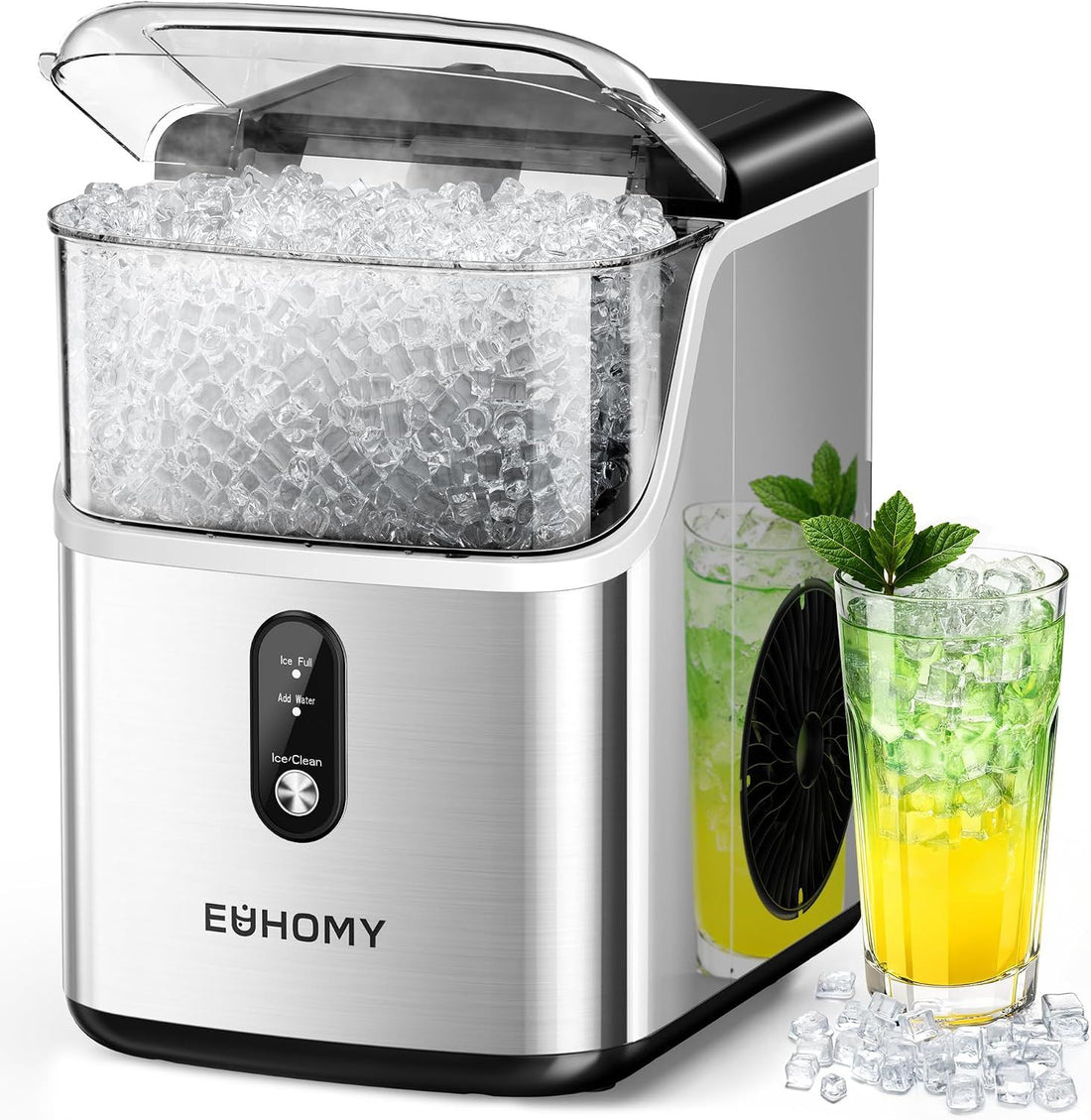 EUHOMY Nugget Ice Makers Countertop, Pebble Ice Maker Machine with 35lbs/24H Soft Ice, Self-Cleaning Sonic Ice Maker with Ice Scoop&Basket for Home/Kitchen/Office(Stainless Steels)
