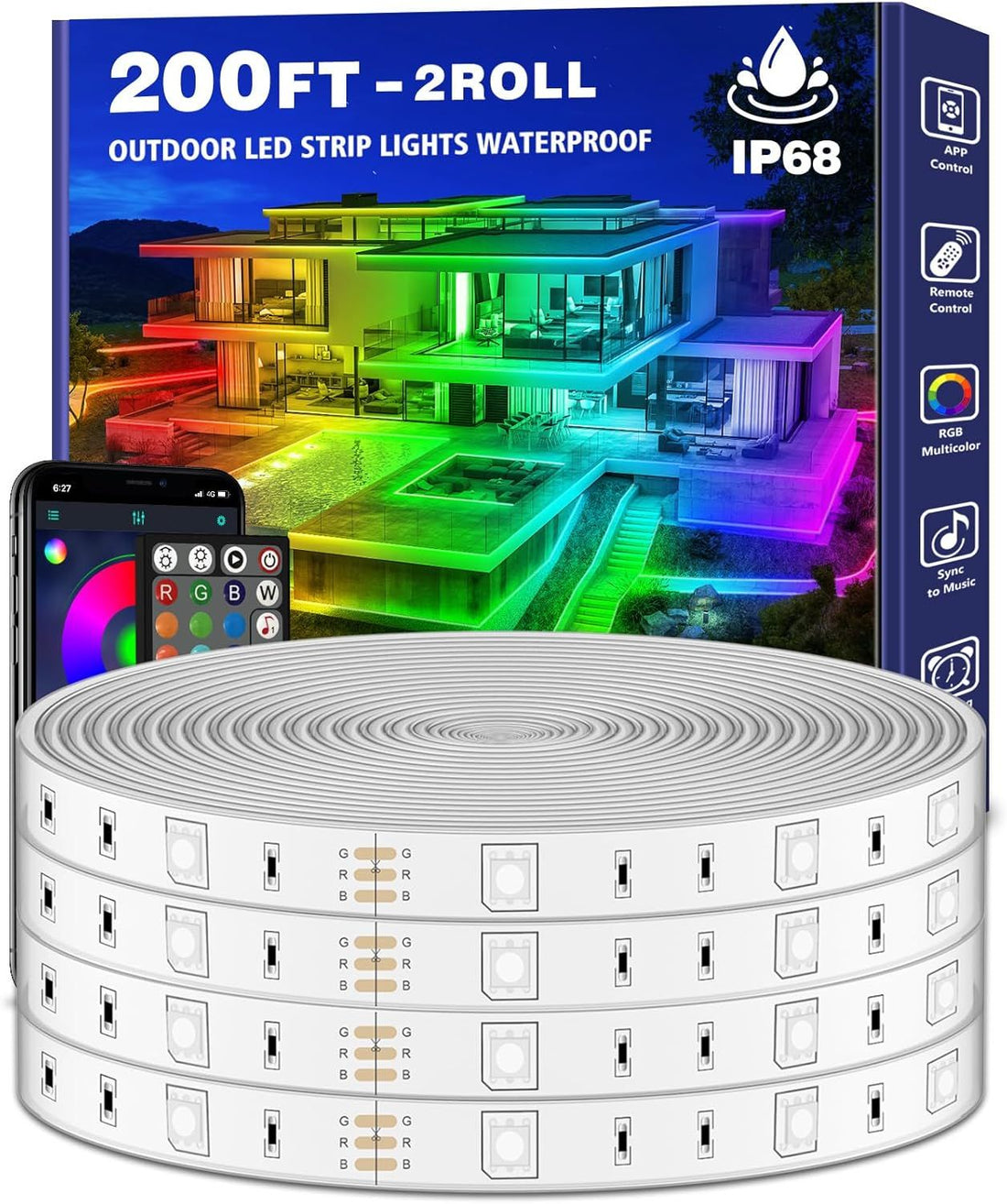 LETIANPAI 200Ft Outdoor LED Strip Lights Waterproof with self-Adhesive Back,IP68 Outside Led Lights Strips Waterproof with Bluetooth App Remote,Music Sync RGB Exterior Led Rope Lights for