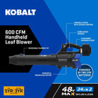 Kobalt 48V MAX (24Vx2) 600 CFM / 150 MPH Handheld Leaf Blower Kit, (2) 4.0Ah Batteries and Charger Included