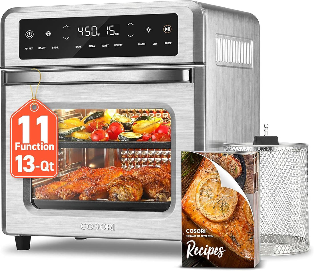 Cosori 11-in-1 Air Fryer Oven, 13Qt Small Footprint Airfryer combo with Rotisserie, Toast, Bake, Roast, Reheat Functions and more, Recipe Book & 6 Accessories Included, Perfect for Small Contertop