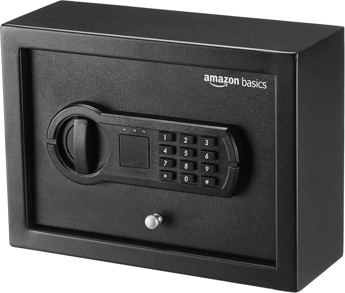 Amazon Basics Small Slim Desk Drawer Security Safe with Programmable Electronic Keypad, 0.1 Cubic Feet, Small Safe, Black, 11.8\'\'W x 8.6\'\'D x 4.4\'\'H