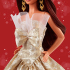 Barbie Signature 2025 Holiday Barbie Fashion Doll with Dark Brown Hair Wearing Silver & Gold Gown, Seasonal Collectible Includes Displayable Packaging & Doll Stand