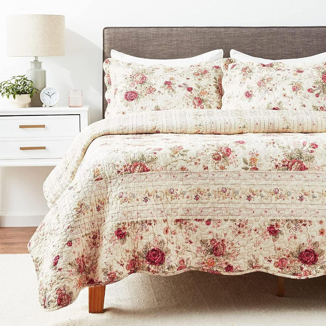 Greenland Home Antique Rose 100% Cotton Quilt Set, 3-Piece King/Cal King, Ecru