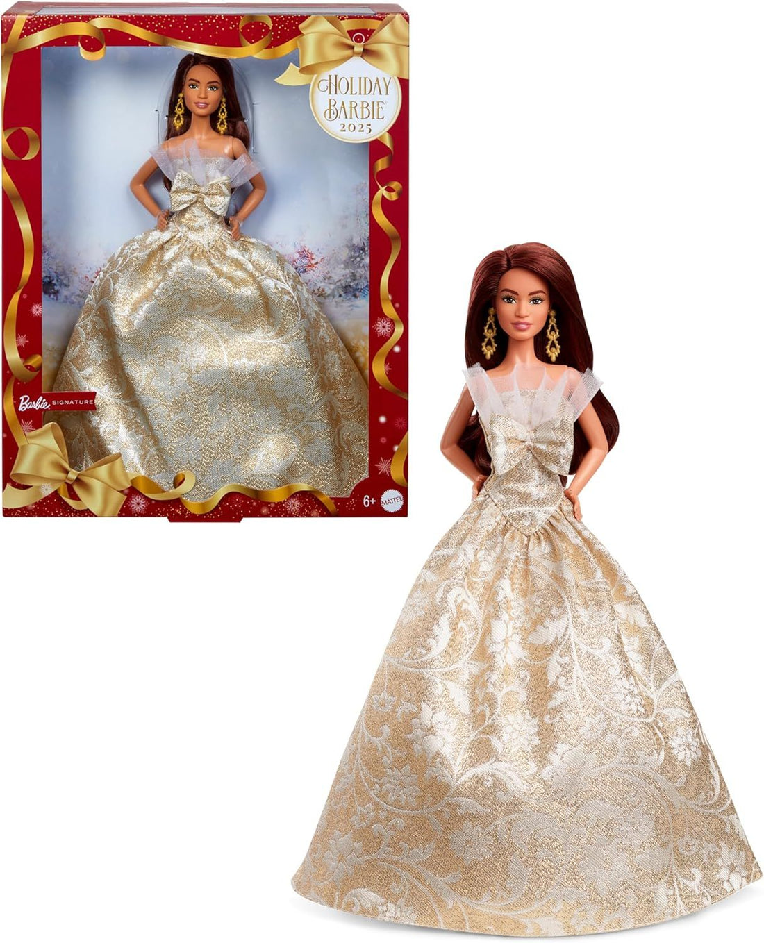 Barbie Signature 2025 Holiday Barbie Fashion Doll with Dark Brown Hair Wearing Silver & Gold Gown, Seasonal Collectible Includes Displayable Packaging & Doll Stand