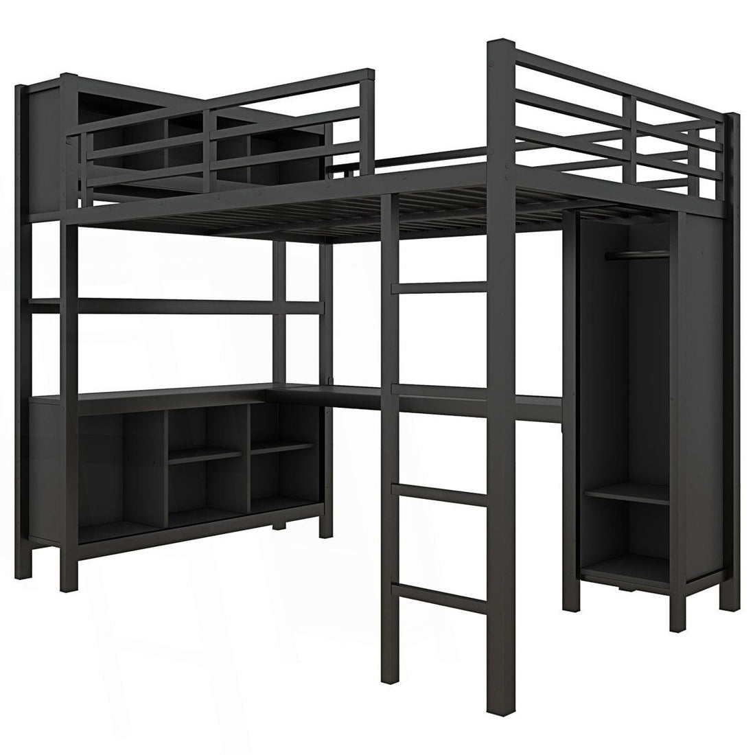 Metal Loft Bed with Wardrobe And L-shaped Desk, Loft Bed with Storage Cubes and Shelves, Heavy Duty Loft Bed for Kids Teens Adults 75\" Height
