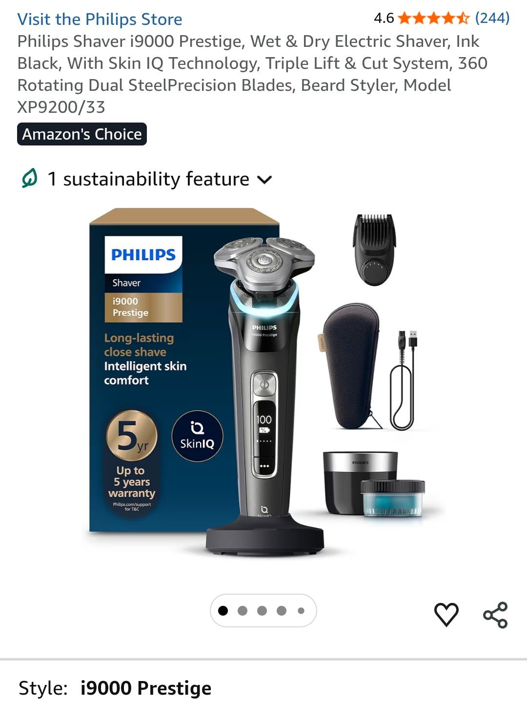 Philips Shaver i9000 Prestige, Wet & Dry Electric Shaver, Ink Black, With Skin IQ Technology, Triple Lift & Cut System, 360 Rotating Dual SteelPrecision Blades, Beard Styler, Model XP9200/33