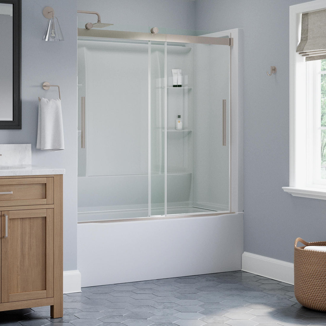 Delta EverEdge Brushed Nickel 55-in to 59-in W x 59.05-in H Frameless Sliding Bathtub Door